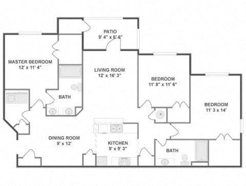 Floor plan for 3 beds, 2 baths, 1384 sqft